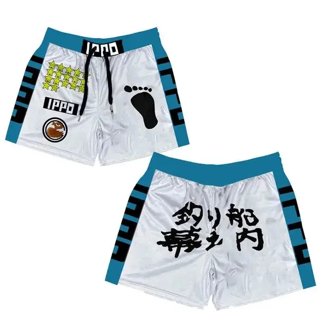IPPO shorts by Simples Market, silver quick-dry gym shorts with teal waistband and side panels, front and back views