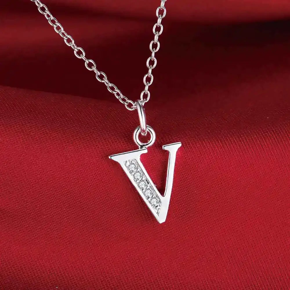 Silver 925 sterling necklace pendant in a letter V shape with zircon stones on a chain