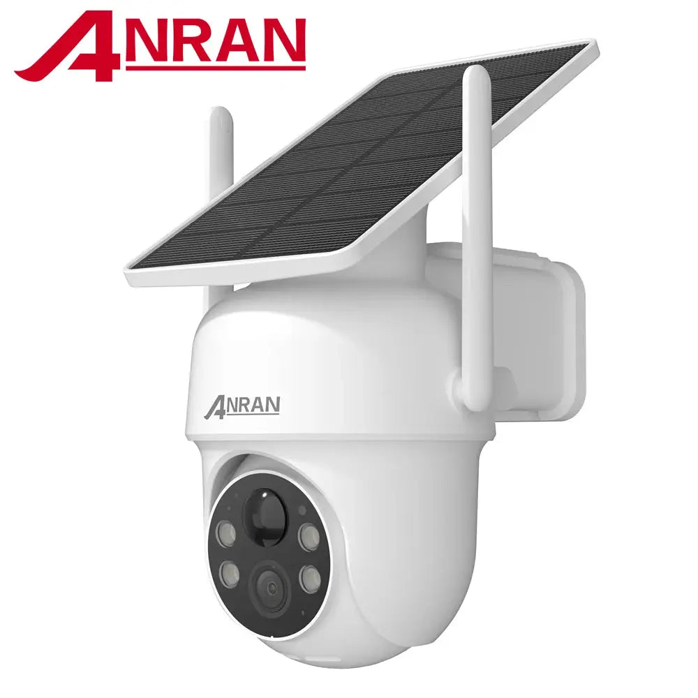 ANRAN white solar outdoor security camera with top solar panel and dual antennas, 2.4G WiFi.