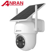 ANRAN white solar outdoor security camera with top solar panel and dual antennas, 2.4G WiFi.