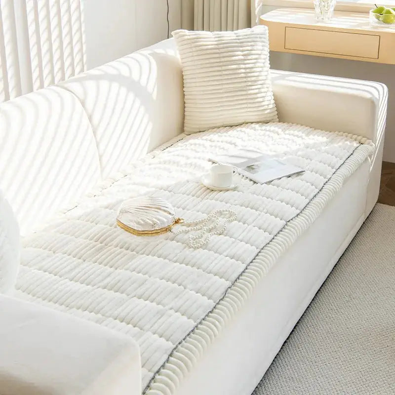 Simples Market Thicken Quilting Warm Stripe Flannel Sofa Pad, white quilted slipcover for winter living room