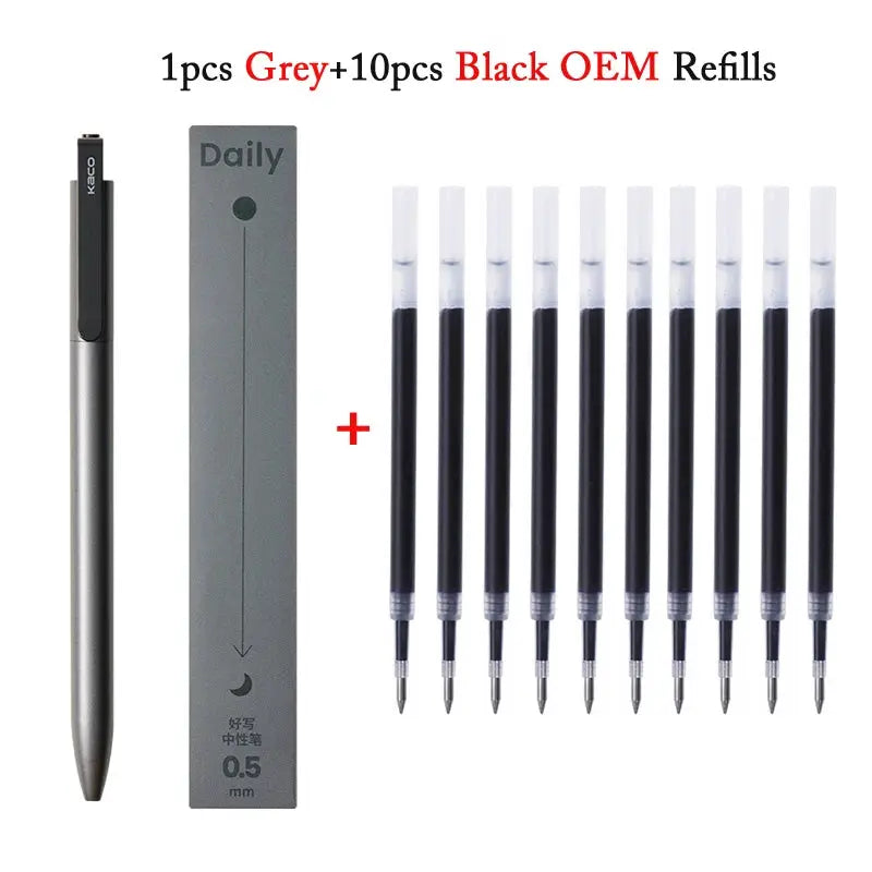 KACO gel pen with metal clip, 0.5mm black ink, includes ten refills (800m capacity)