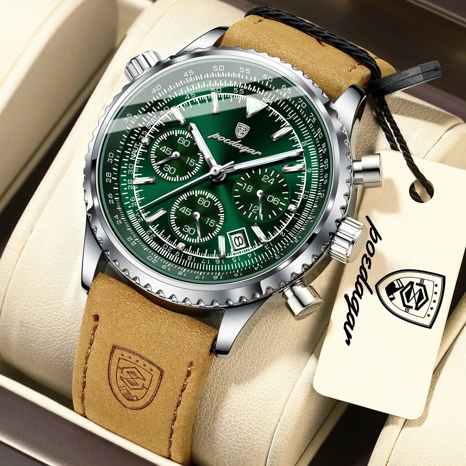 POEDAGAR men's chronograph wristwatch with green dial, steel case and brown leather strap