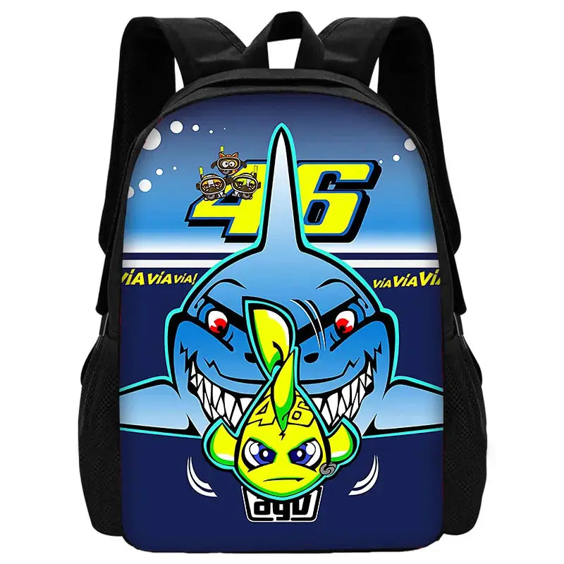 Backpack by Simples Market with VR-46 blue shark graphic and black padded shoulder straps
