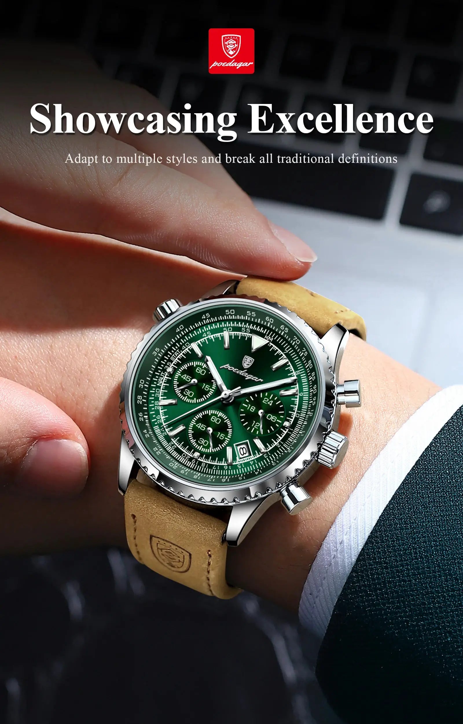 POEDAGAR men's wristwatch with green chronograph dial and tan leather strap