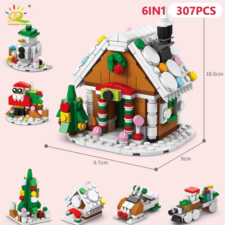 HUIQIBAO 6 In 1 Christmas Building Blocks Set Elk Deer Santa Claus Snow House Xmas Tree Bricks Toys for Children Gifts