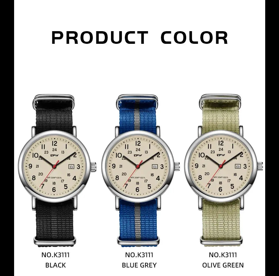 Simples Market 2026 TPW Field Watch; 3 fabric straps Black, Blue Grey, Olive Green; 24-hour display.
