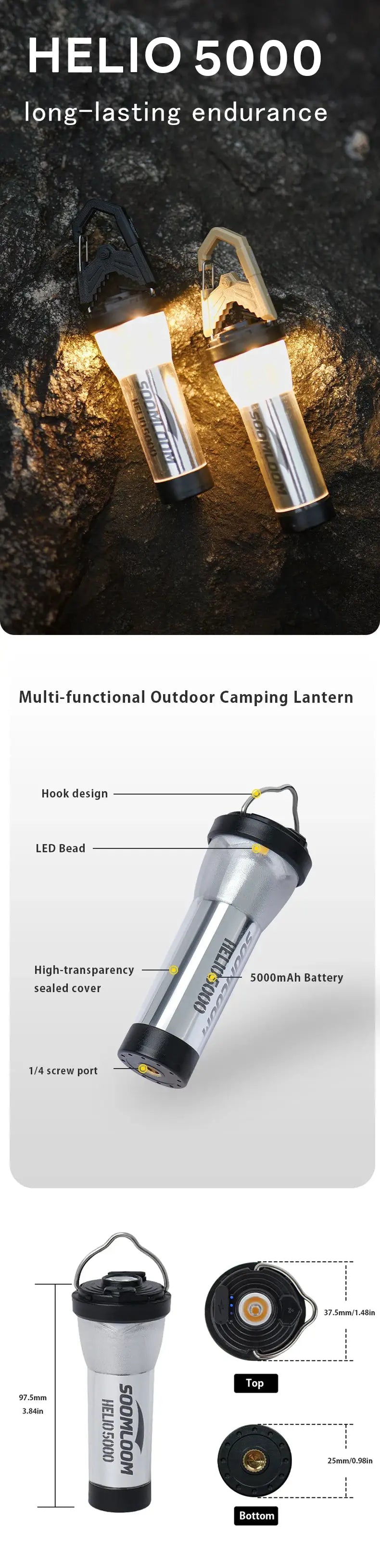 Soomloom Helio 5000 camping lanterns, black and tan 2-pack with 5000mAh battery
