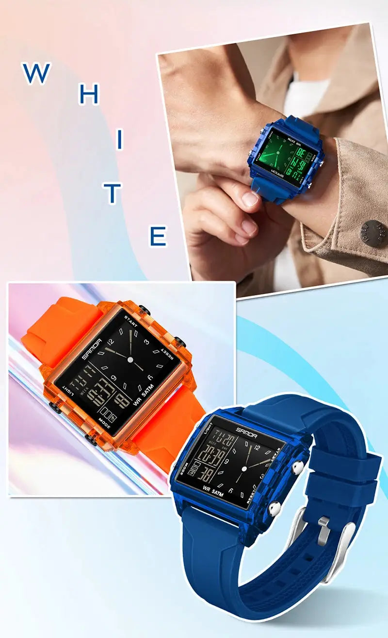 SANDA 6273 square dual-time wristwatch; blue and orange variants, two watches shown