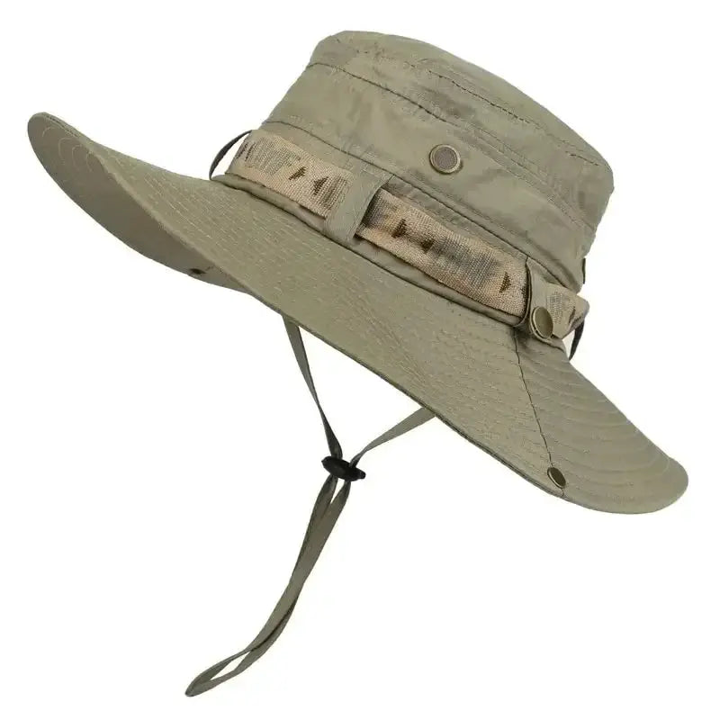 Summer men bucket hat by Simples Market, khaki wide-brim outdoor UV protection with chin strap