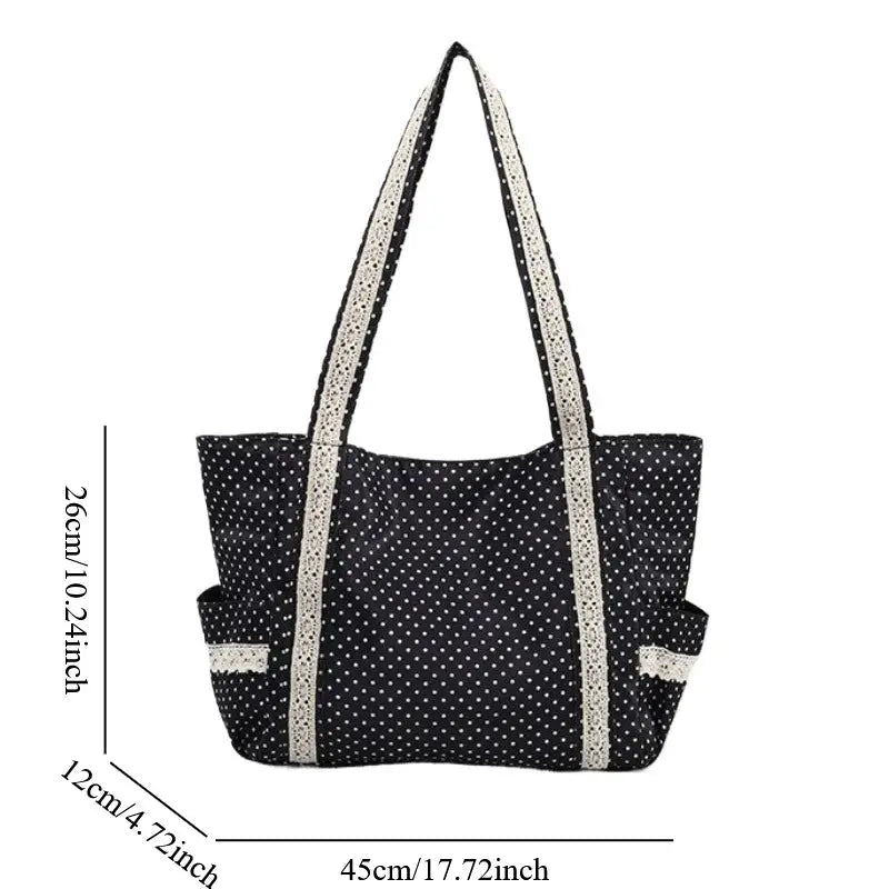 Korean vintage canvas tote bag for women, navy with white polka dots and lace-trim handles, large-capacity multi-pocket