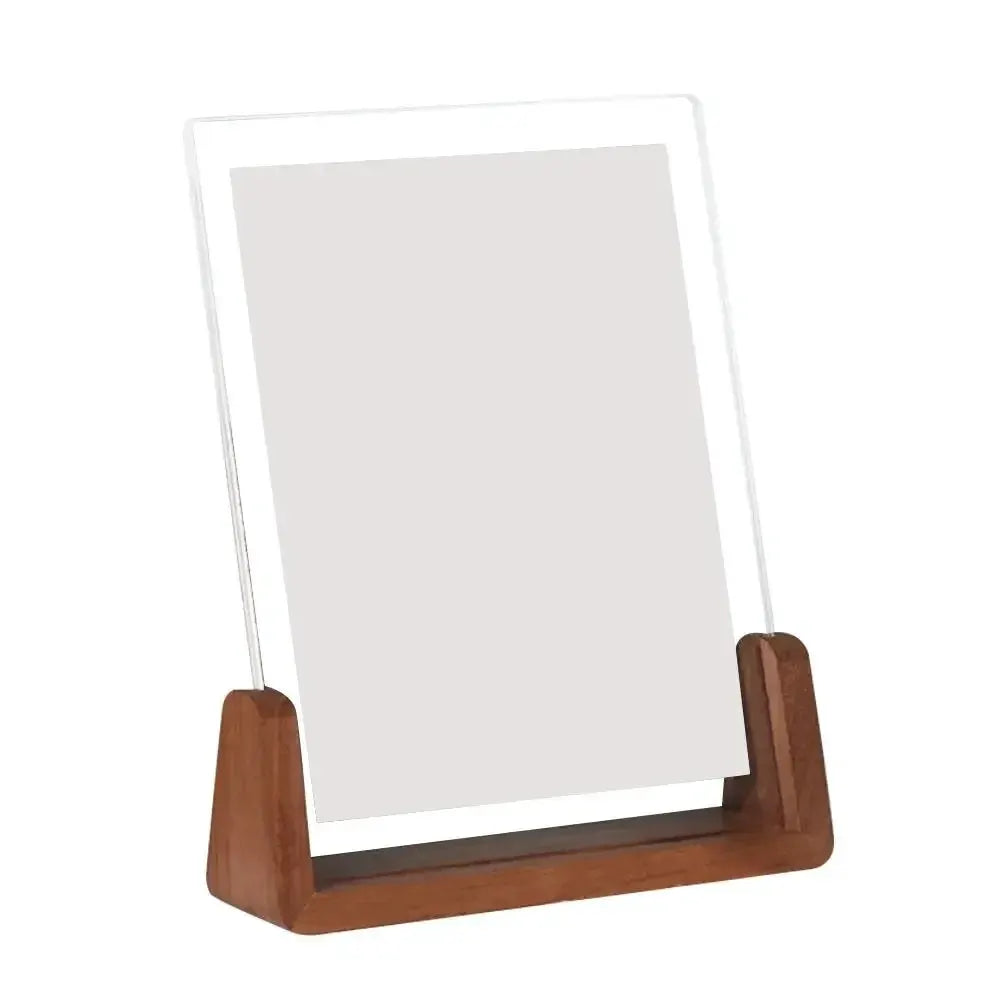 Acrylic U-shaped photo frame with walnut and beech wood base for desktop display
