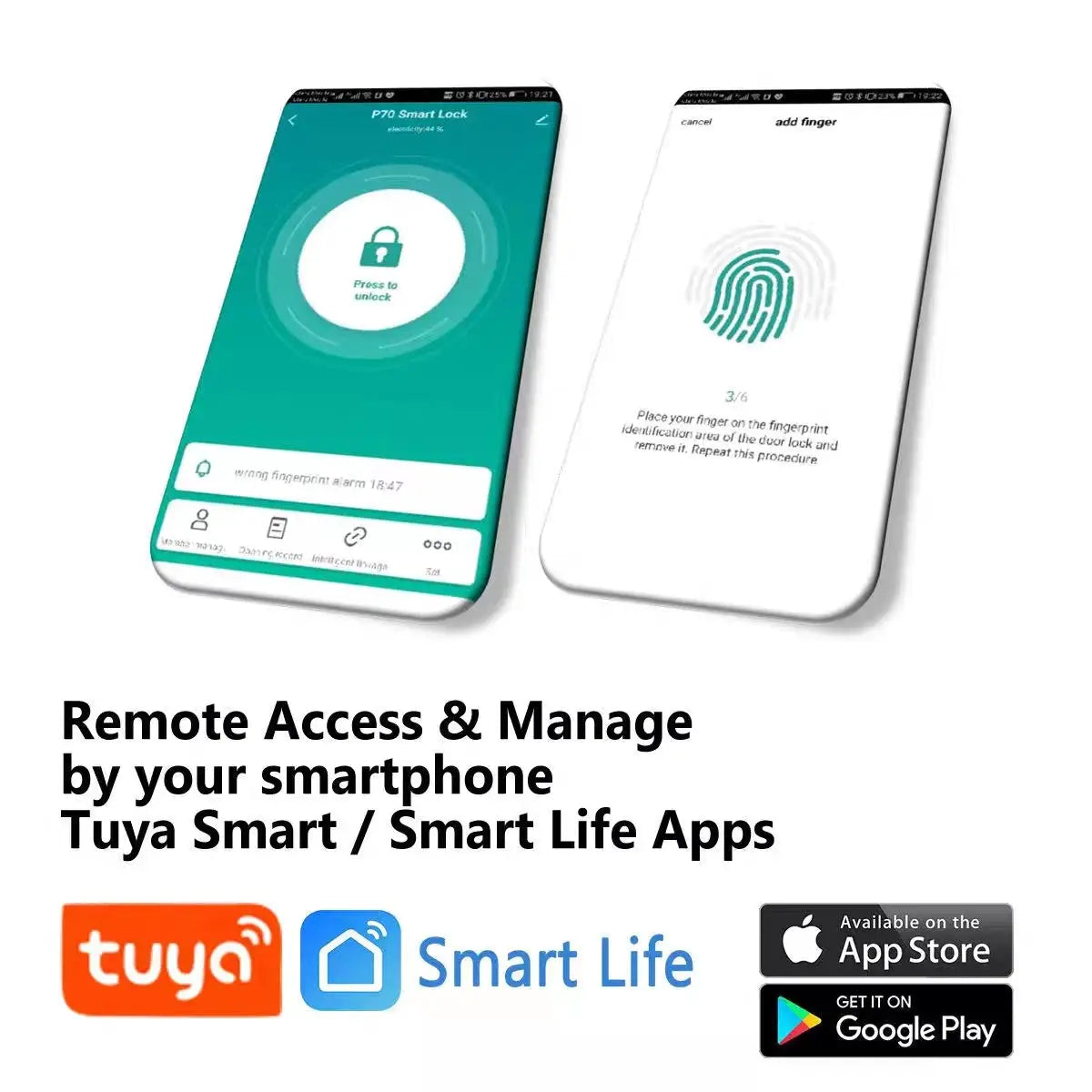 RAYKUBE Tuya Smart Padlock app on two smartphones; fingerprint unlock, USB charging, waterproof design