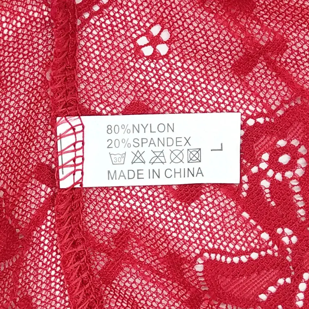 Women's red lace panties with hollow-out design; nylon/spandex fabric, size L, made in China.