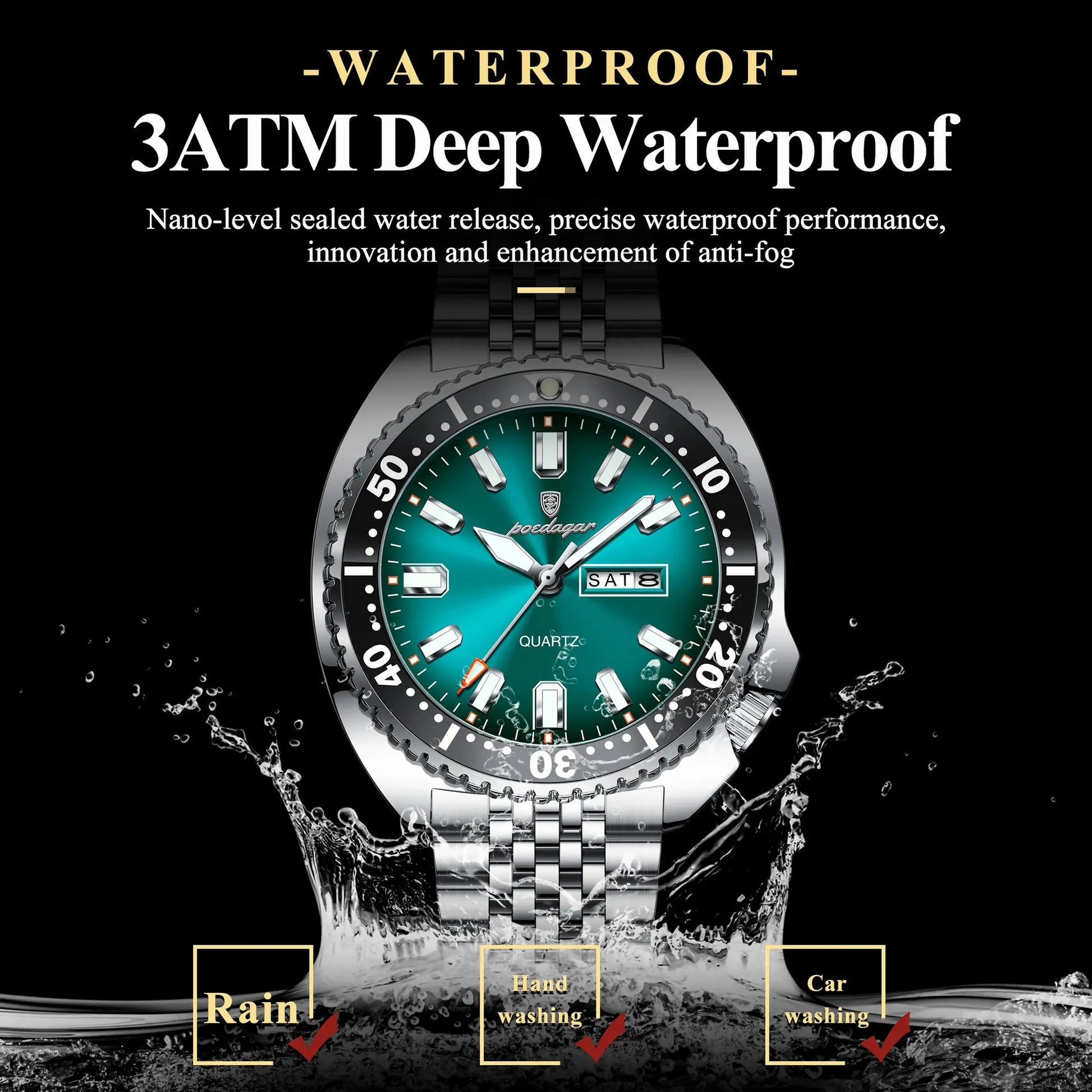 POEDAGAR luxury stainless steel men's watch with teal dial, date window, 3ATM waterproof by Simples Market.