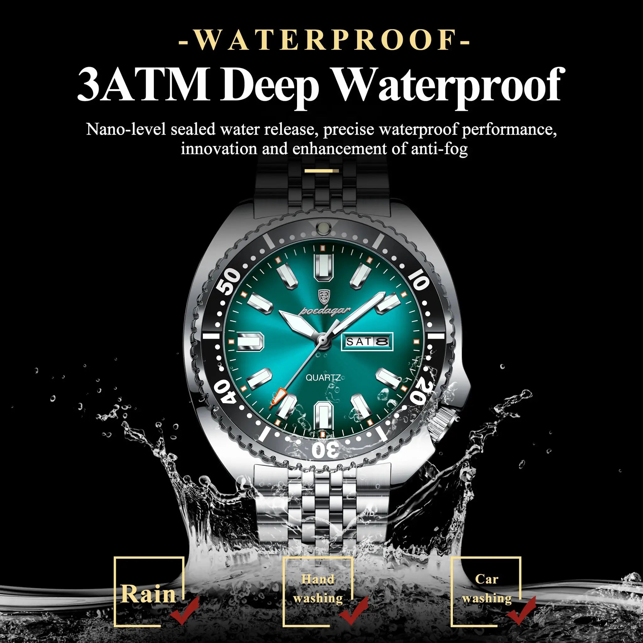 POEDAGAR luxury stainless steel men's watch with teal dial, date window, 3ATM waterproof by Simples Market.