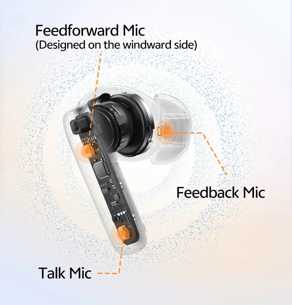 QCY T13 Pro HT23 wireless earbuds cutaway showing internal microphone layout (feedforward, feedback, talk)