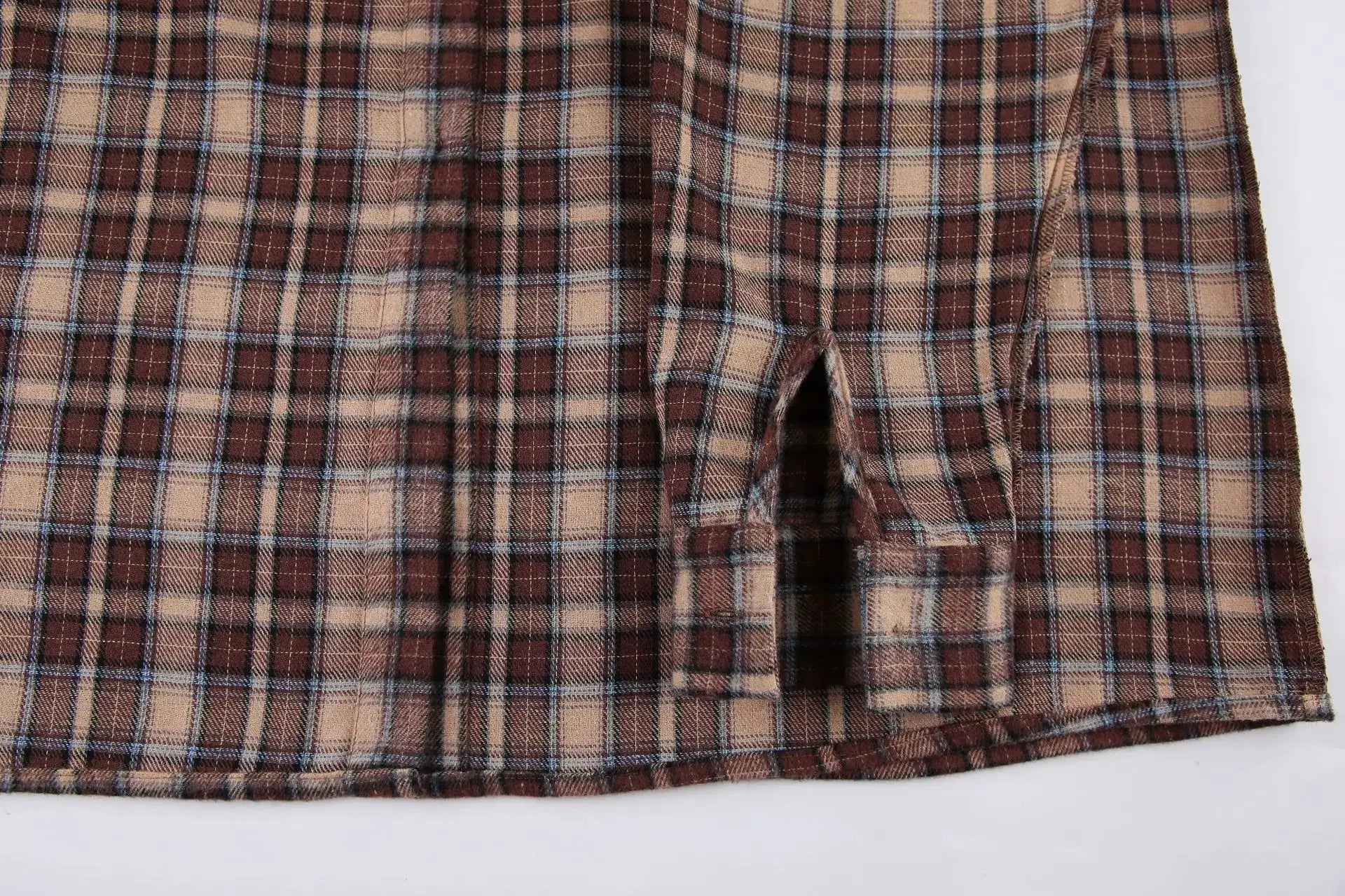 Simples Market vintage plaid shirt, brown and tan check with blue lines, long-sleeve casual blouse fabric close-up
