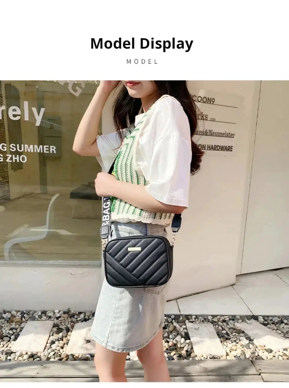 Shoulder bag black quilted PU with diagonal stitching, compact crossbody with adjustable strap.