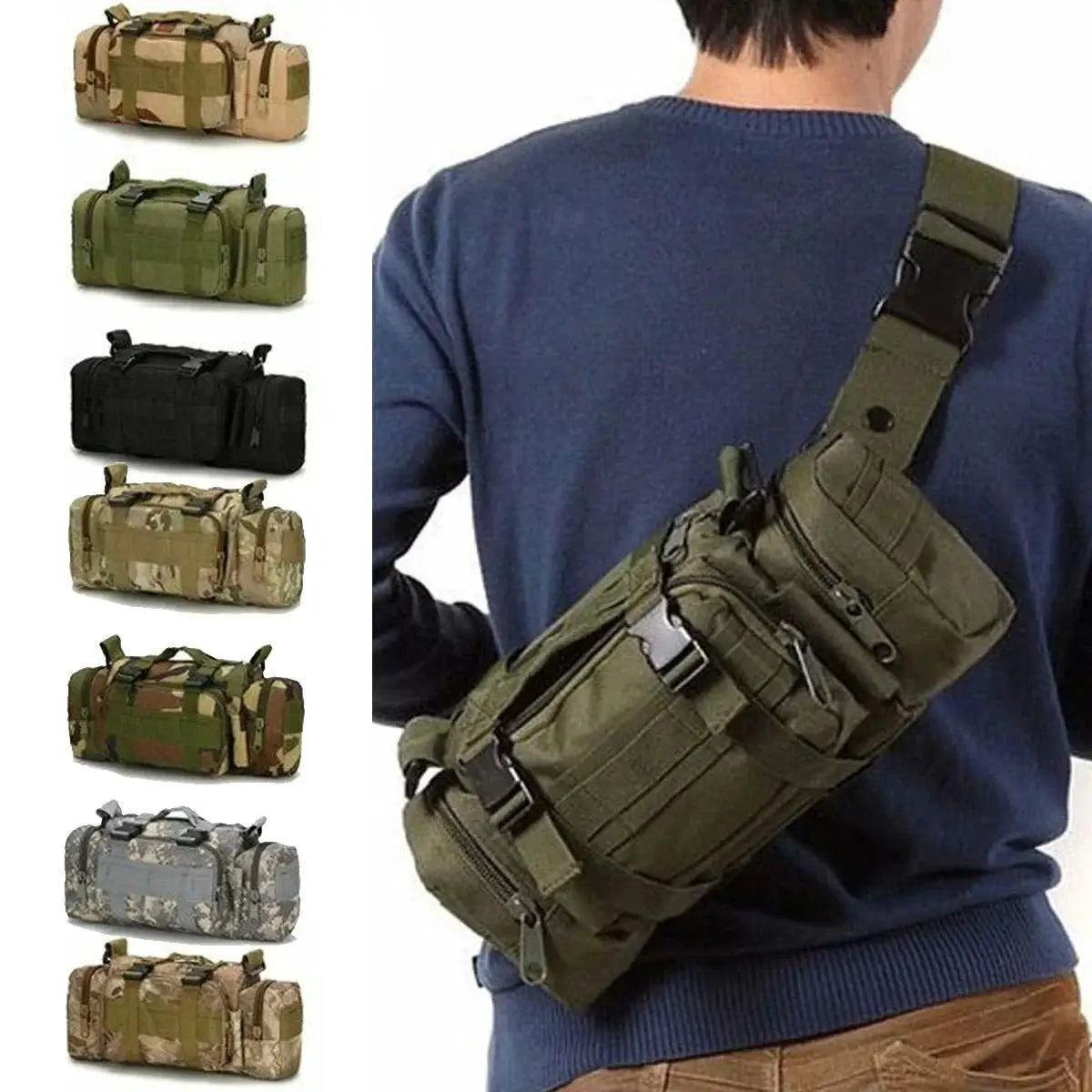 Multifunctional tactical waist and chest bag in multiple colors, perfect for outdoor activities and gear organization.