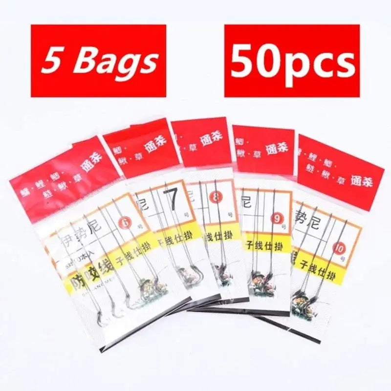 Iseini 5 Pack 50 No 10 Barbed Fishing Hooks Steel Alloy For Freshwater Reservoir Pond Angling Gear