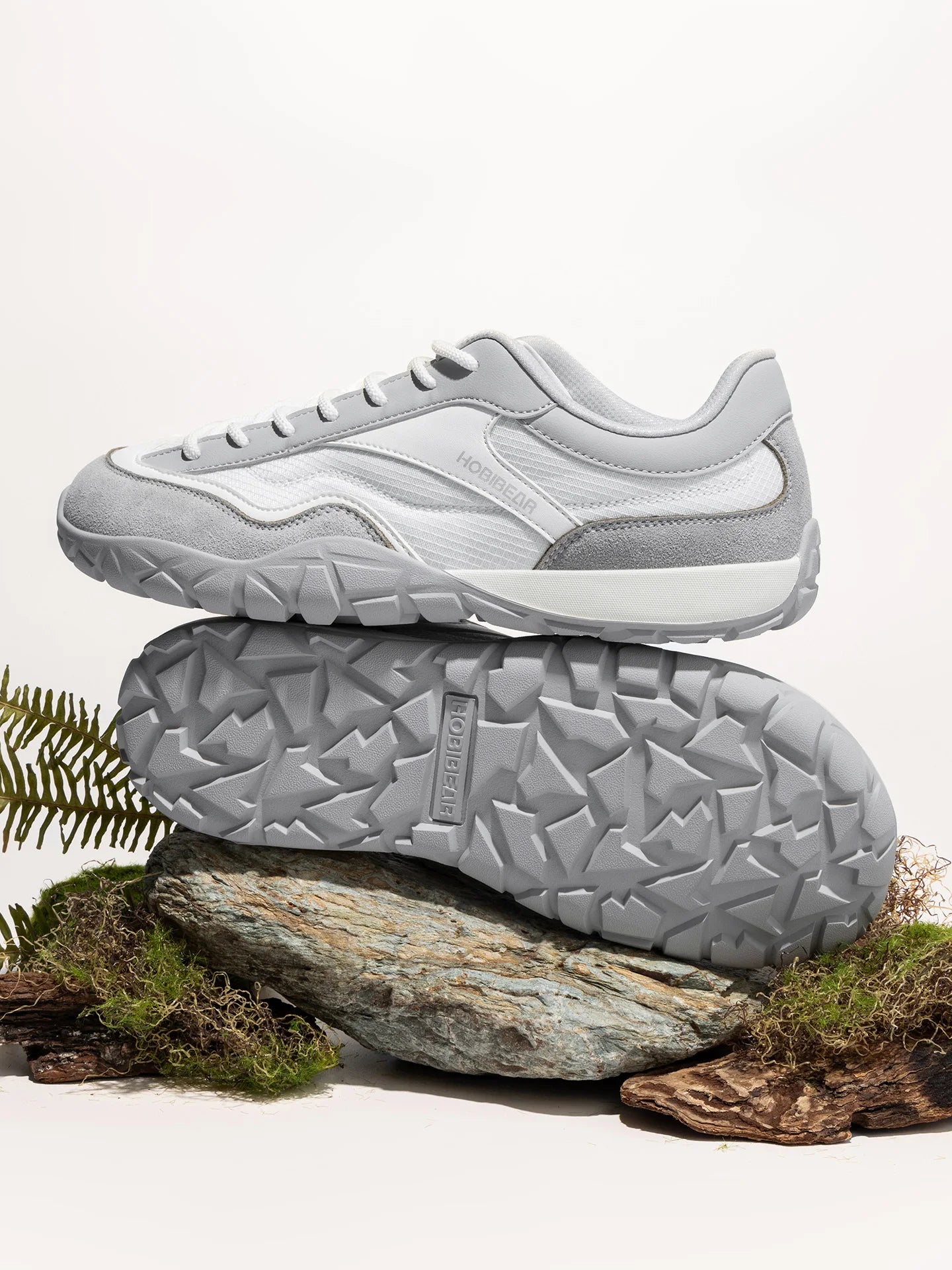 HOBIBEAR wide-width hiking shoe, gray mesh with suede overlays, non-slip chunky sole.