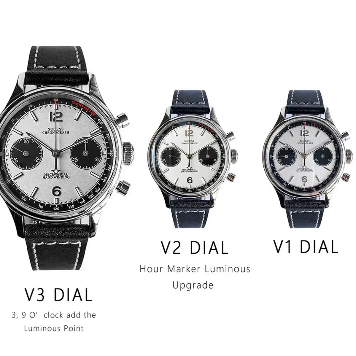 Sugess 1963 Pilot mechanical chronograph panda wristwatches, three models V1–V3 with black leather straps.