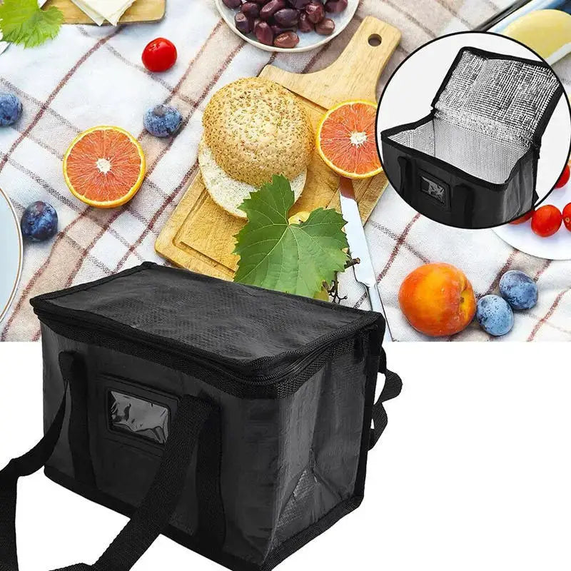 Black portable large insulated food delivery bag with handles and zipper; thermal cooler for pizza takeaway and picnics.