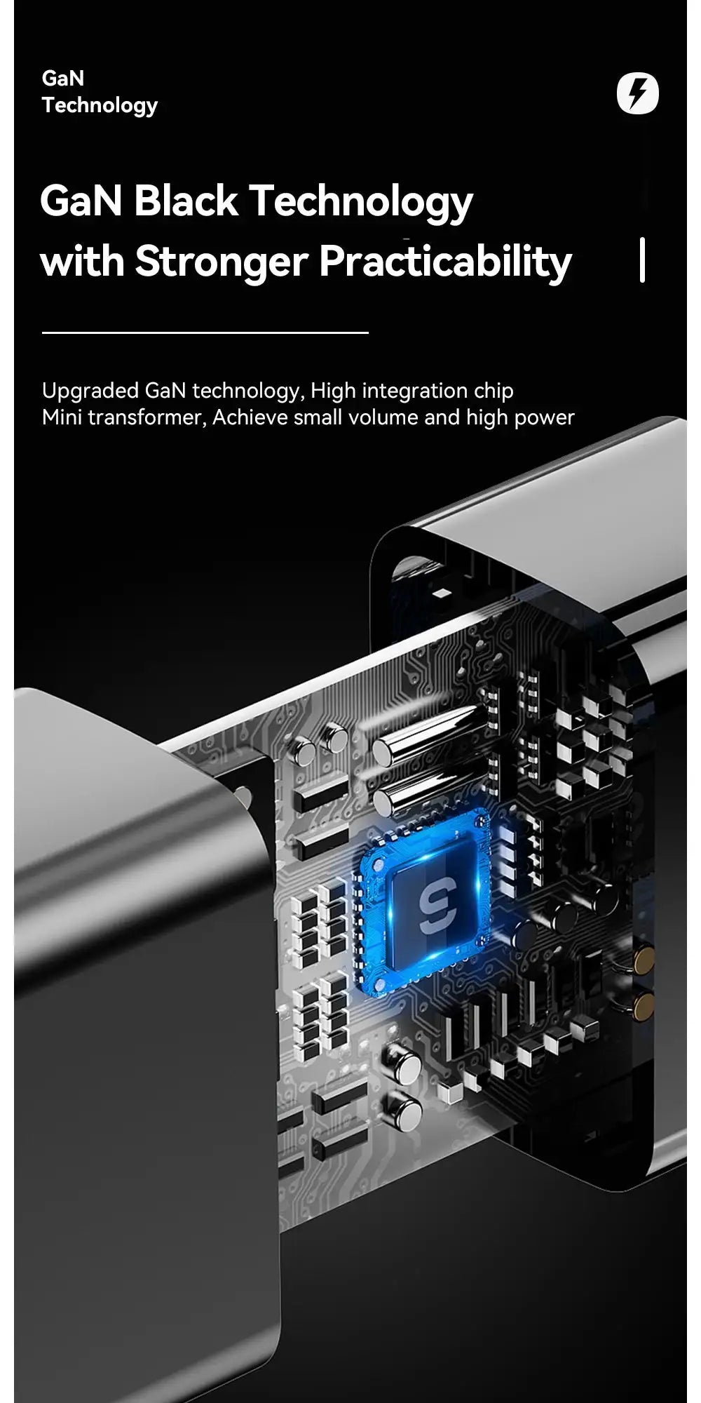 Essager 20W GaN USB-C charger by Simples Market, black PD fast charger with cutaway view of internal circuitry
