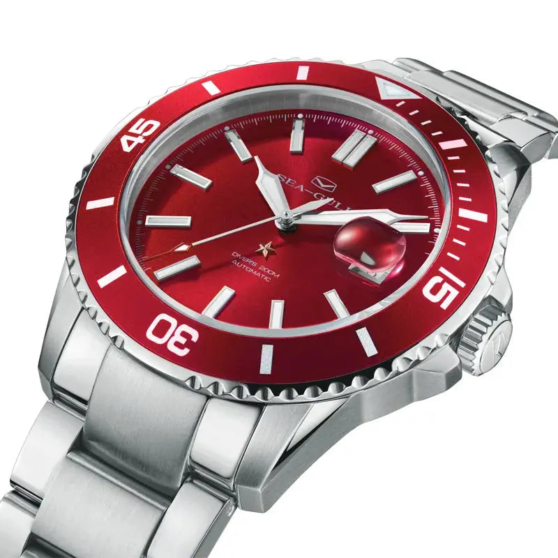 Seagull men's diver watch with red dial and bezel, stainless steel bracelet