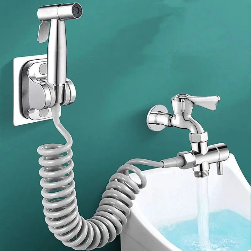 Handheld bidet sprayer set in chrome stainless steel with a coiled hose, wall mount, and tub faucet connector.