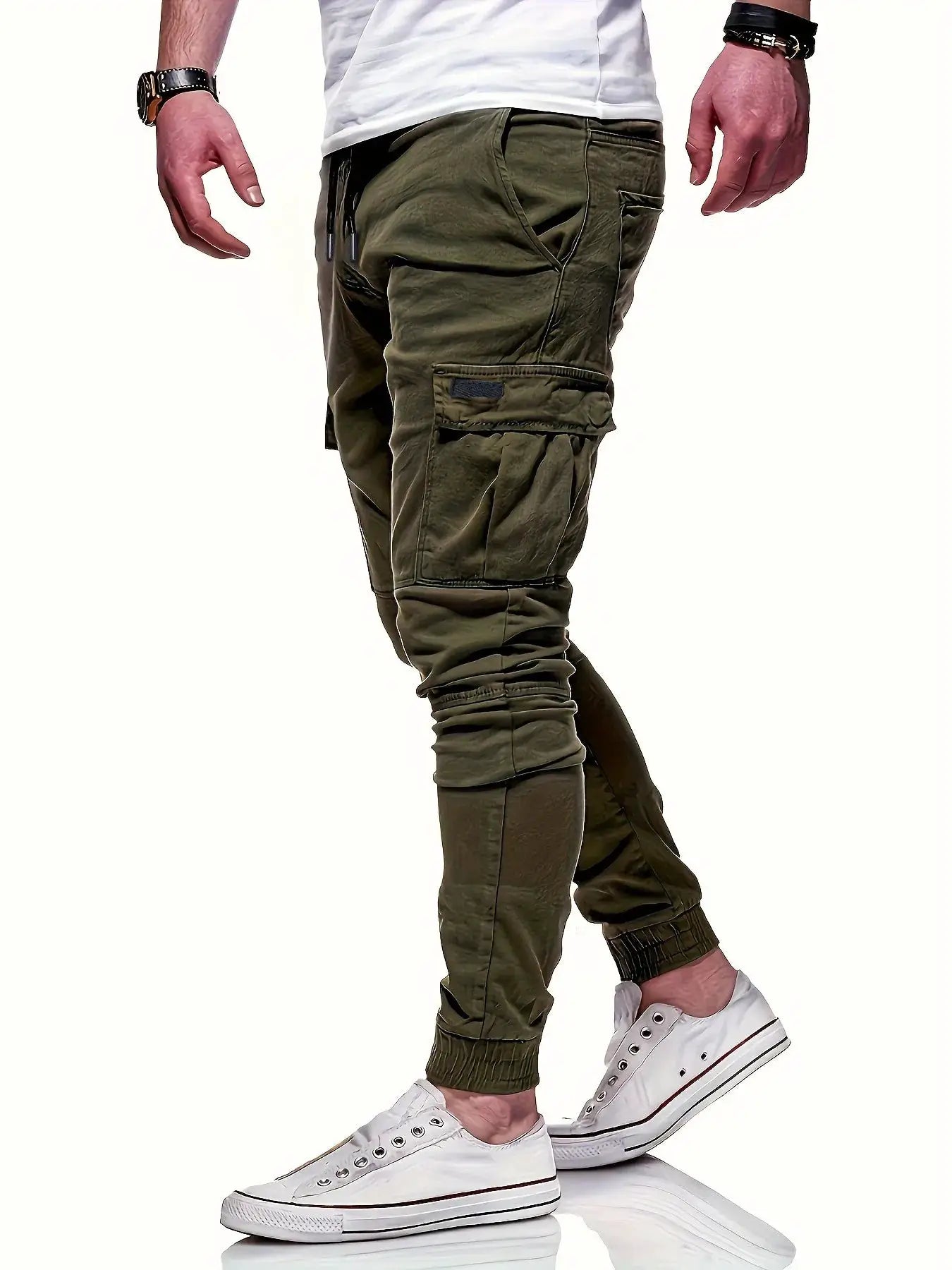 Men's drawstring cargo work pants in olive green with multiple pockets and elastic cuffs.