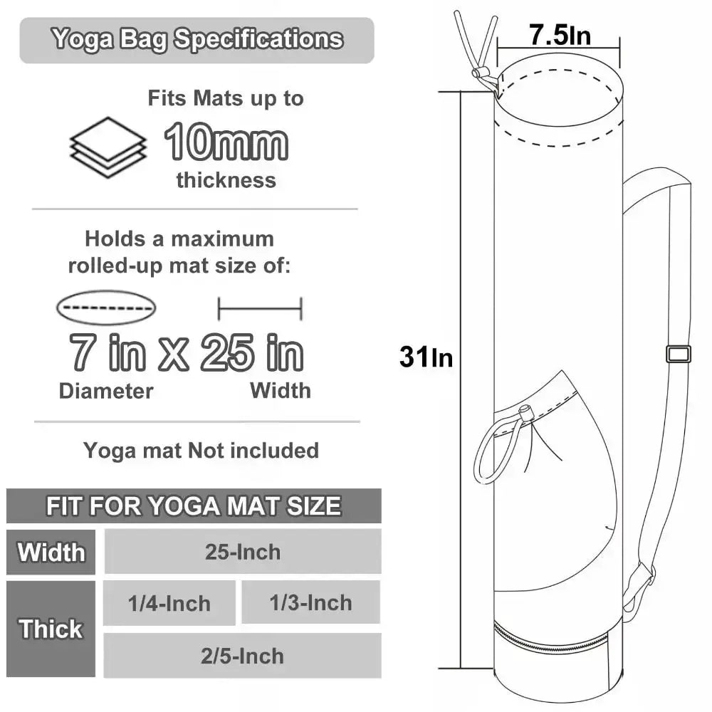 Yoga mat bag backpack, black waterproof with adjustable straps; holds rolled mat up to 7in diameter x 25in long