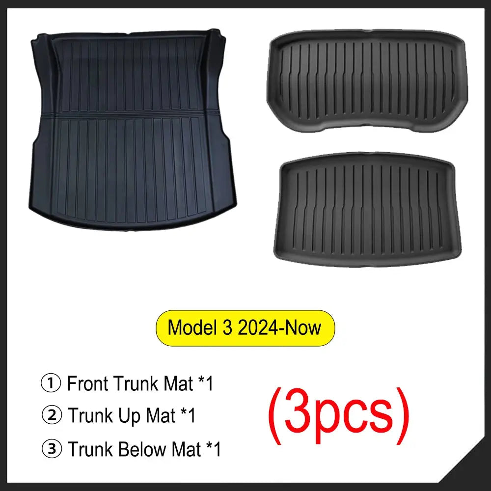 Trunk mat set for Tesla Model 3 (2024–2026) Simples Market black TPE 3 pieces: front trunk trunk-up trunk-below mats