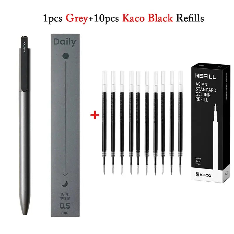 KACO gel pen with metal body and clip, 0.5mm black ink; 1 pen + 10 refills