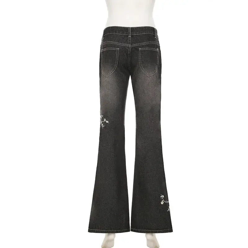 Weekeep Floral Embroidery Jeans Y2K Vintage Low Rise Flared Denim