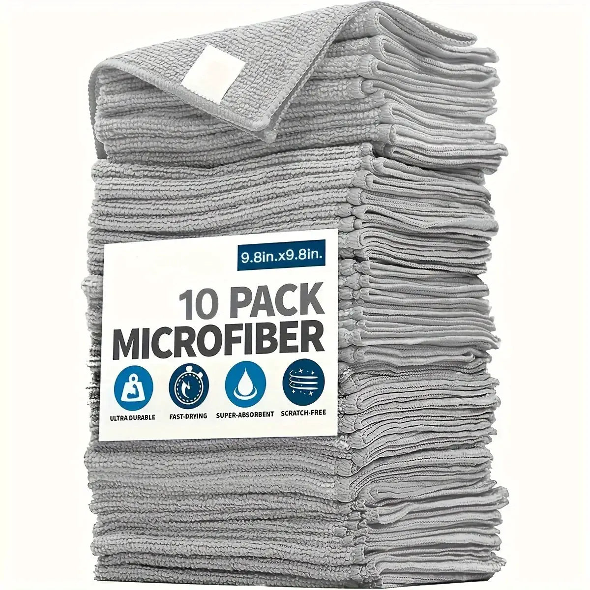 Simples Market 10-pack microfiber kitchen towels, light gray; ultra-durable, fast-drying, super-absorbent (9.8in x 9.8in).