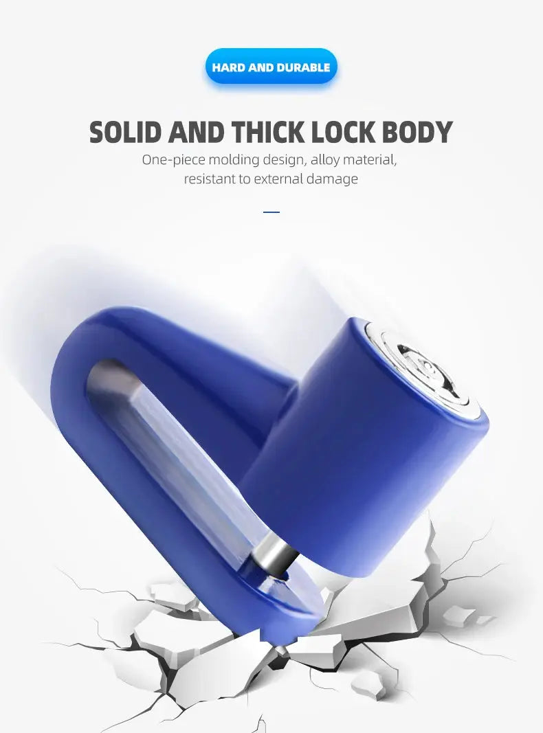 Blue motorcycle disc brake lock with silver pin; solid alloy body for security