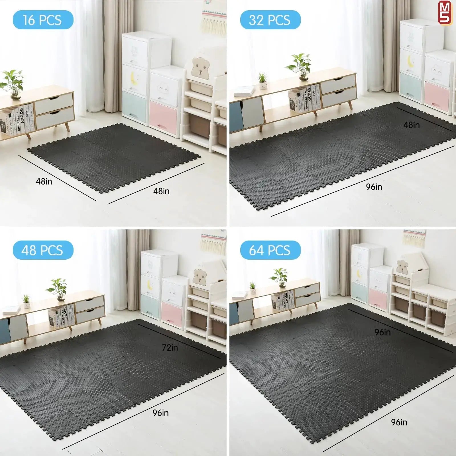 Simples Market EVA foam interlocking gym mat with non-slip surface; dark gray puzzle tiles expand to 96in x 96in.