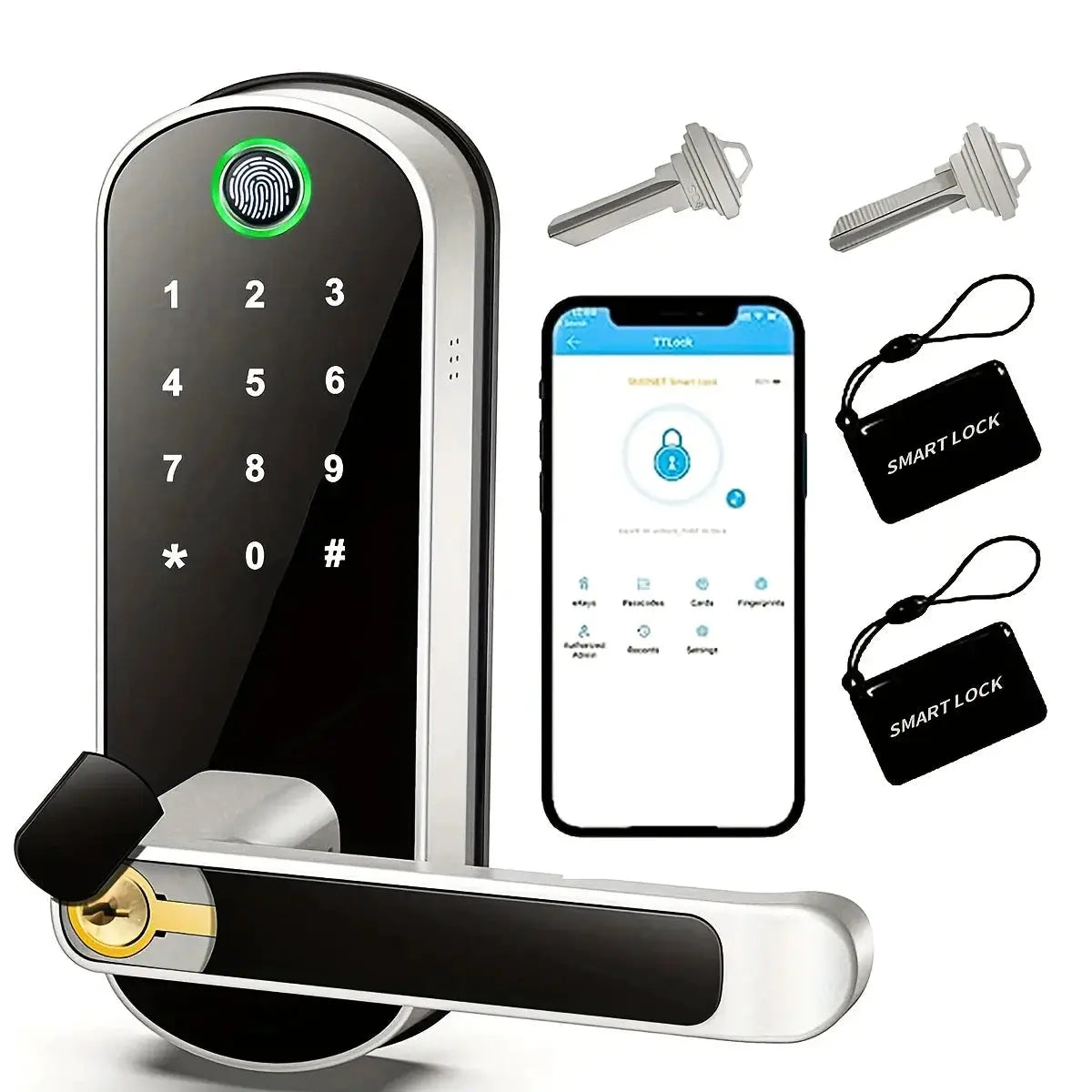 Smart Fingerprint Door Lock With App Control, Keyless Entry, WiFi, NFC, Touchscreen, IP67 Waterproof, 2 IC Cards