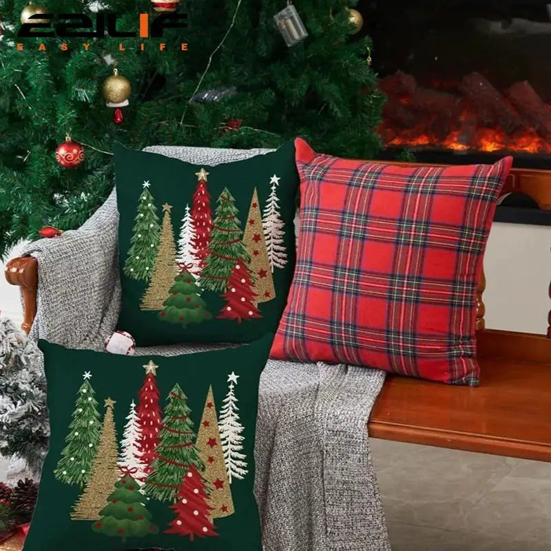 45x45cm Christmas pillow cases by Simples Market, set of 3 with green tree designs and red plaid cushions