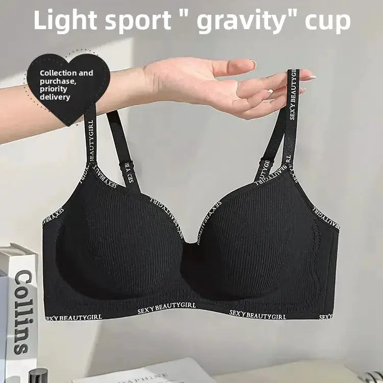 Push-up bra by Simples Market, black wireless with 6cm thickened cups and letter-print adjustable straps