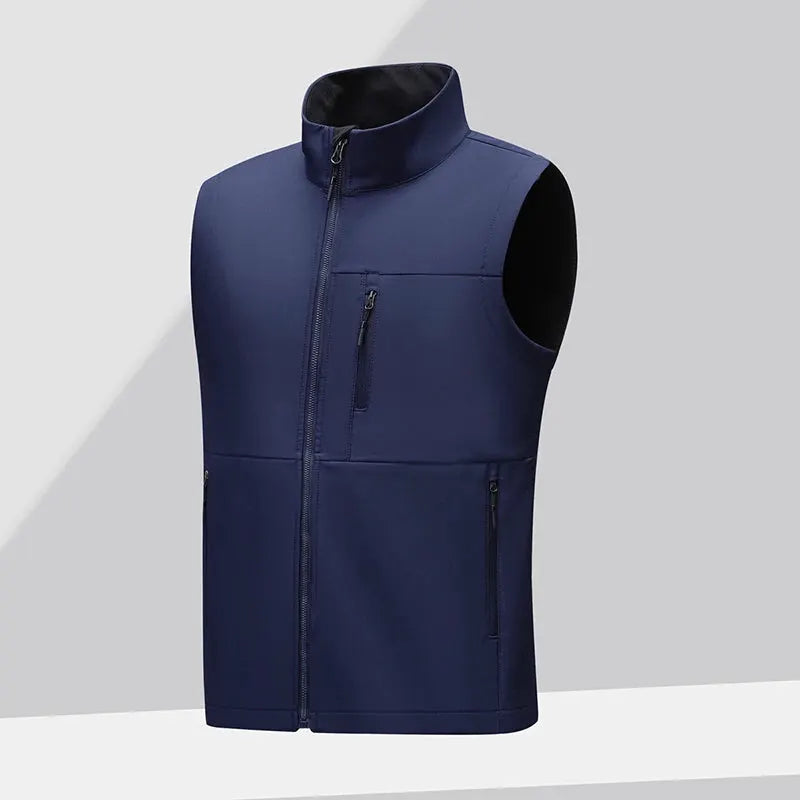 Men's navy blue soft shell vest by Simples Market with front zip and chest pocket.
