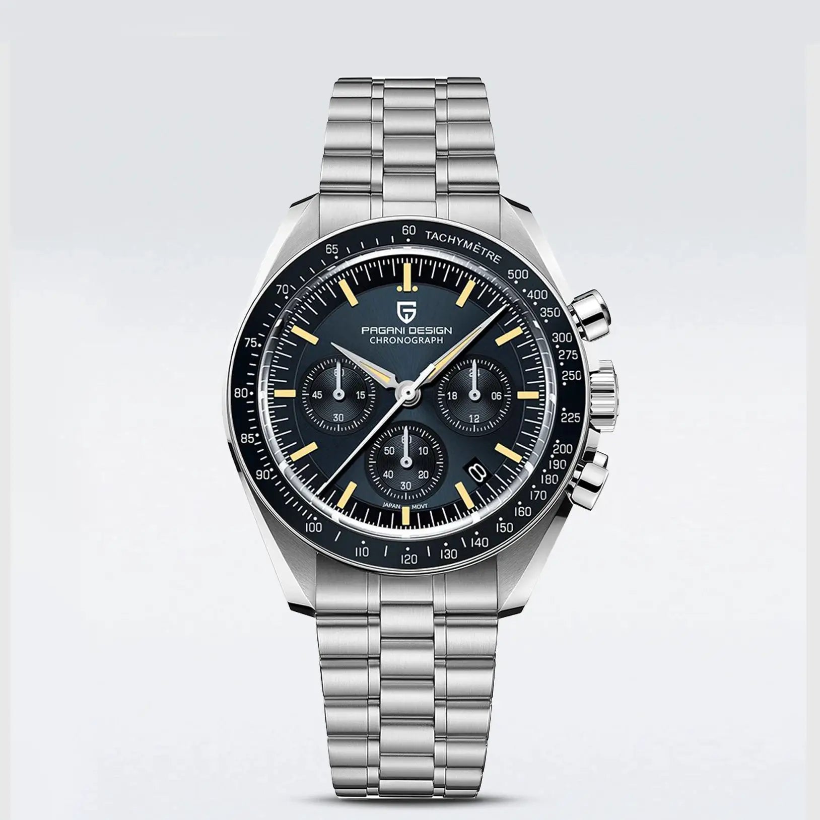 Pagani Design chronograph watch, stainless steel bracelet, black dial with gold-tone markers and tachymeter bezel