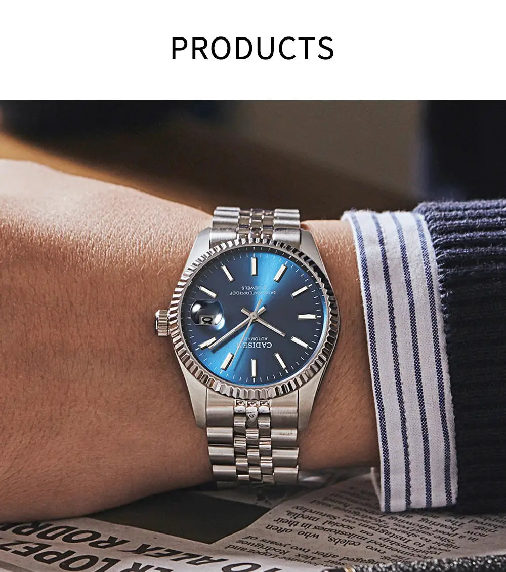 CADISEN men's stainless steel luxury automatic watch with blue dial on wrist