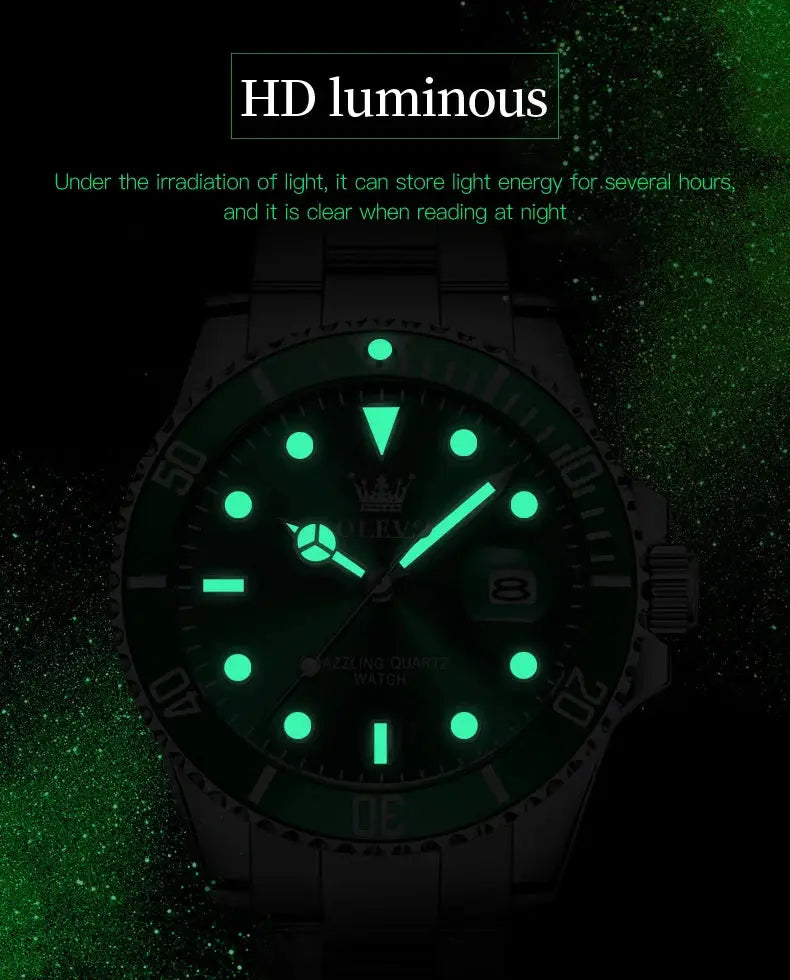 OLEVS 5885 men's stainless steel watch with green luminous dial, calendar date, waterproof.