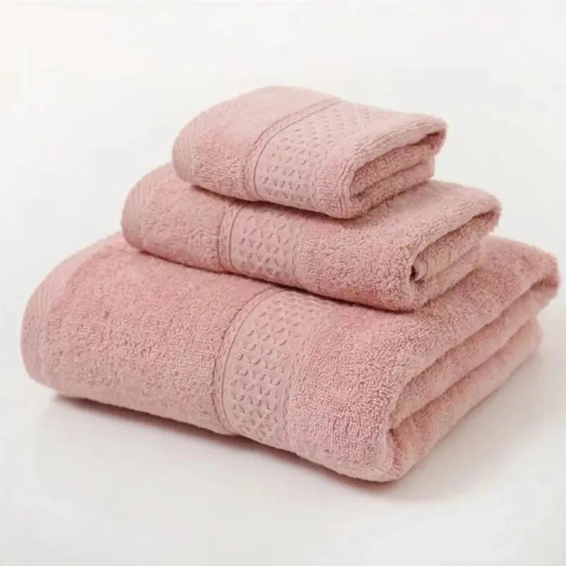 3-piece pink cotton towel set by Simples Market: ultra-soft, highly absorbent bath towel, hand towel, and washcloth.