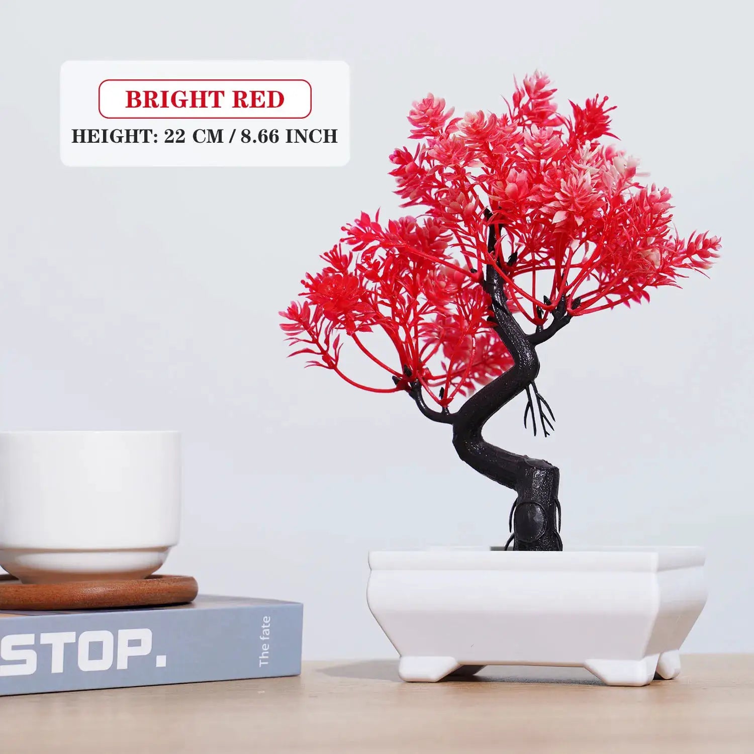 Artificial bonsai small tree in bright red, Simples Market potted tabletop decor, 22 cm tall.