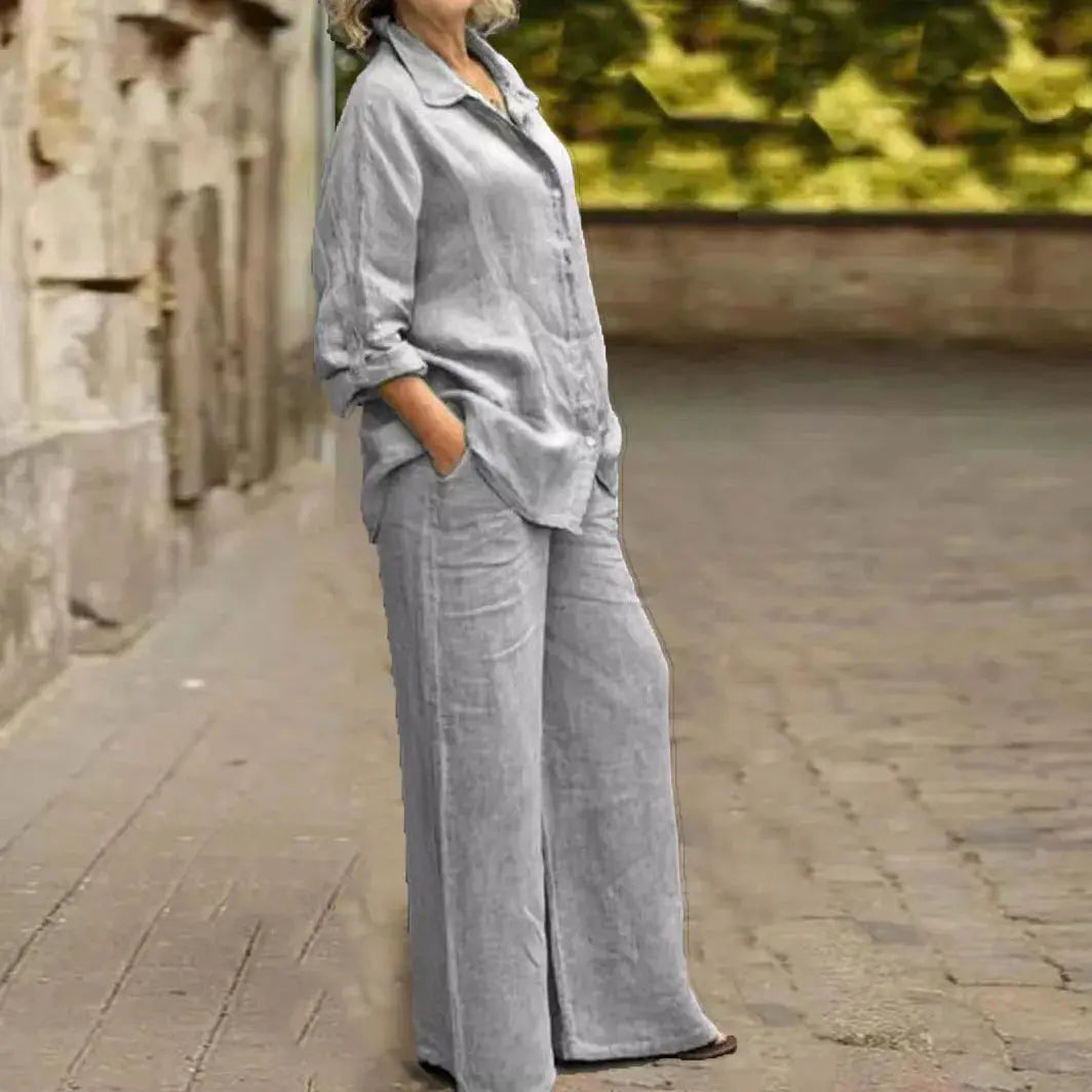 Cotton Linen Shirt Two Piece Set For Women With Wide Leg Trousers