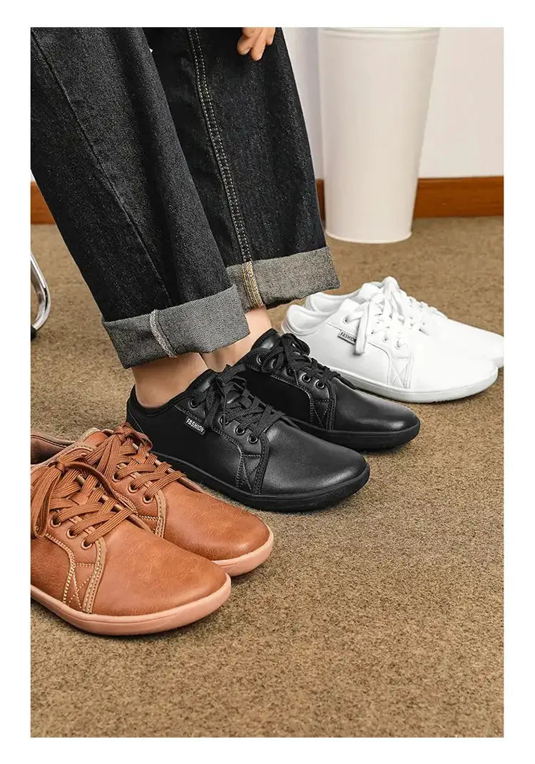 Wide version barefoot walking sneakers; three colorways (brown, black, white) with lightweight soft soles